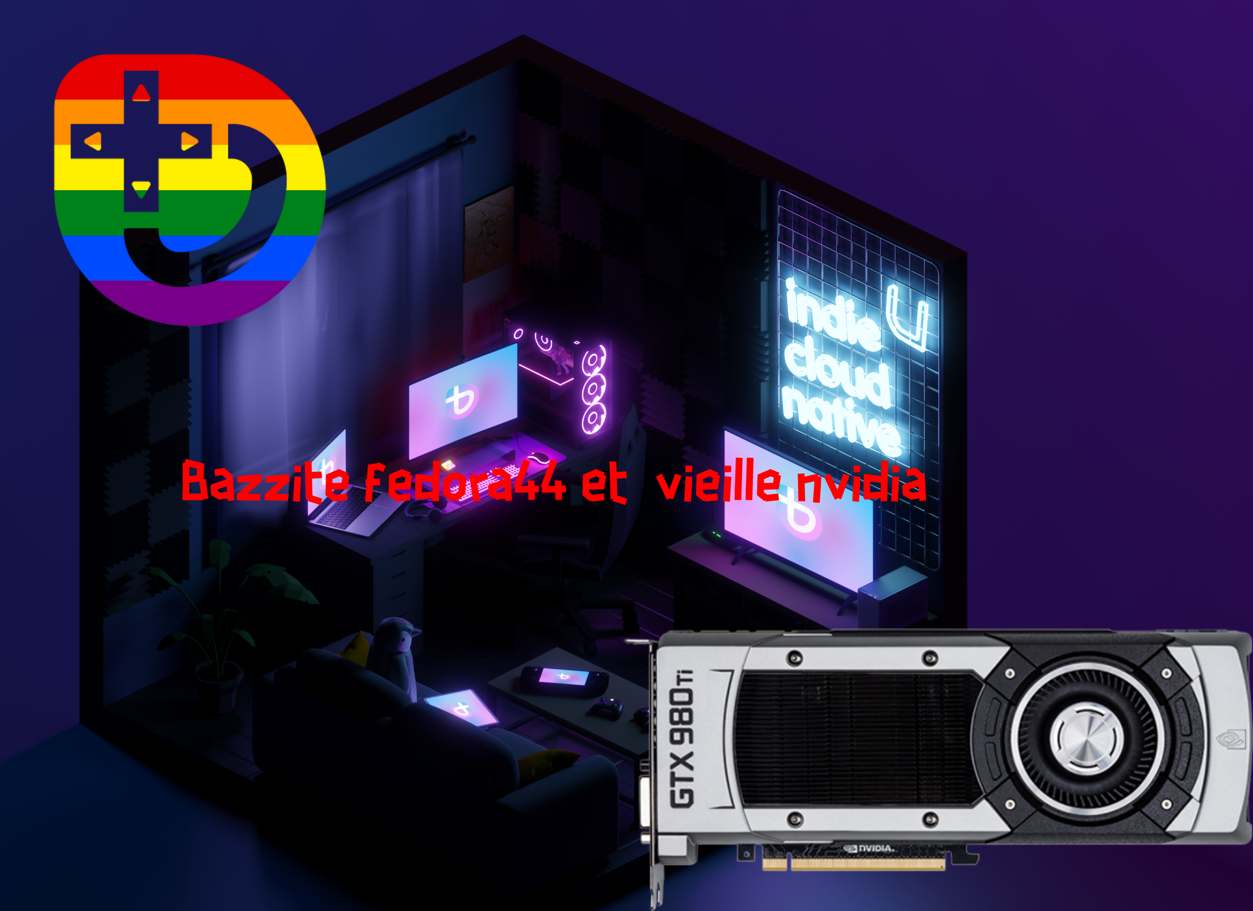 le fond d'écran de bazzite avec le logo de bazzite du mois de fiertés et une carte graphique nvidia geforece 900. et un texte écrit bazzite et nvidia ancienne